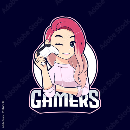 Cute stylish gamer girl with pink hair mascot logo