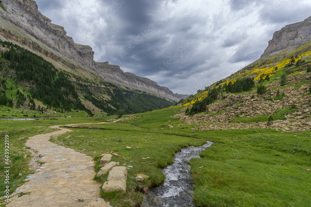Hiking trail with small mountain creek under rain clouds in the spanish national park Ordesa y Monte Perdido, Pyrenees, Spain - obrazy, fototapety, plakaty 