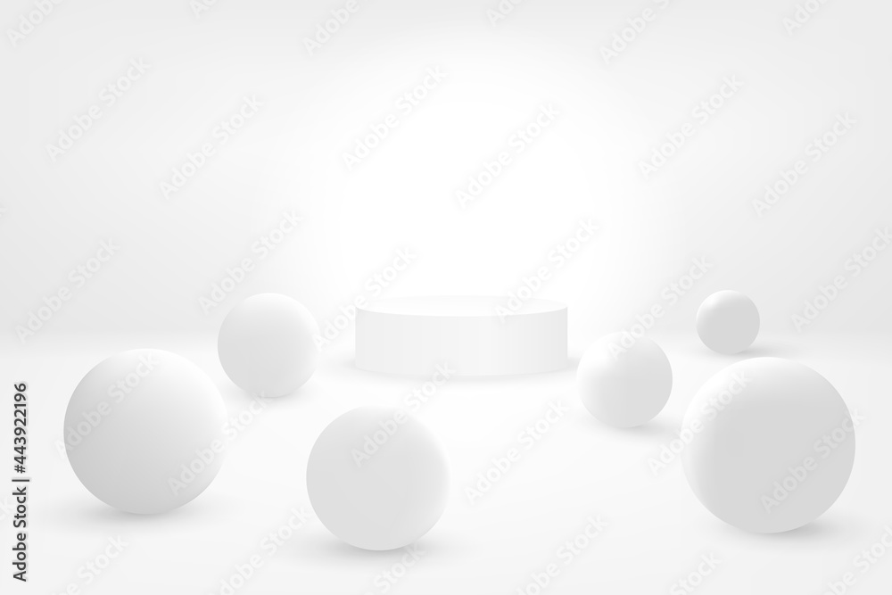 Abstract futuristic 3D background. White cylinder surrounded by white balls on a white surface
