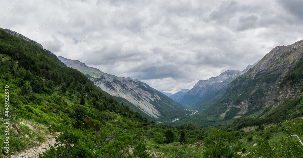 Panorama of Valle de Pineta from viewpoint in Pyrenees, Spain