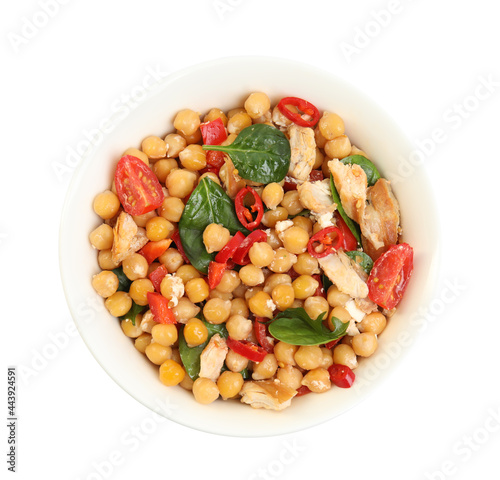 Bowl with delicious fresh chickpea salad isolated on white, top view