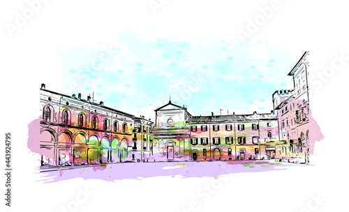 Building view with landmark of Imola is the 
city in Italy. Watercolor splash with hand drawn sketch illustration in vector.