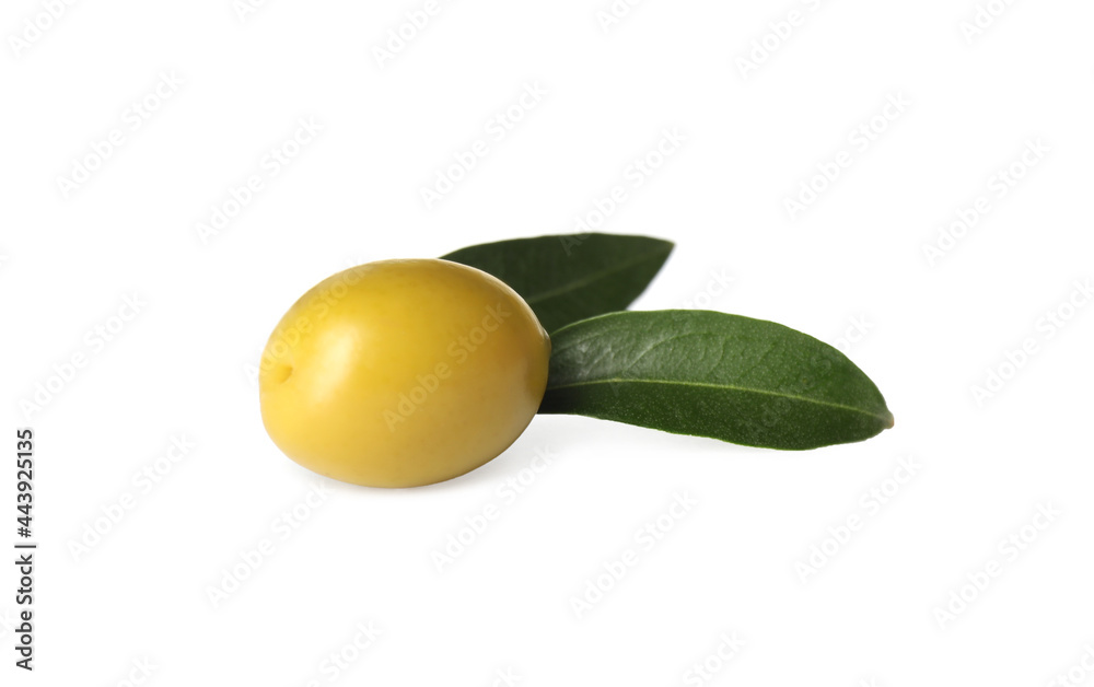 Ripe raw green olive with leaves on white background Ripe raw green olive with leaves on white background