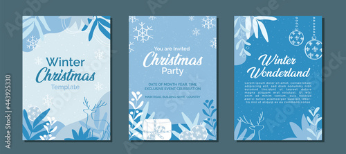 Set of elegant Christmas winter blue monochrome for social media post, mobile apps, web, internet ads. Vector abstract design, minimalist
