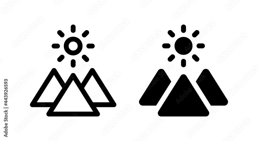 Mountain with sun icon vector in black and white graphic design. Landscape concept Mountain with sun icon vector in black and white graphic design. Landscape concept