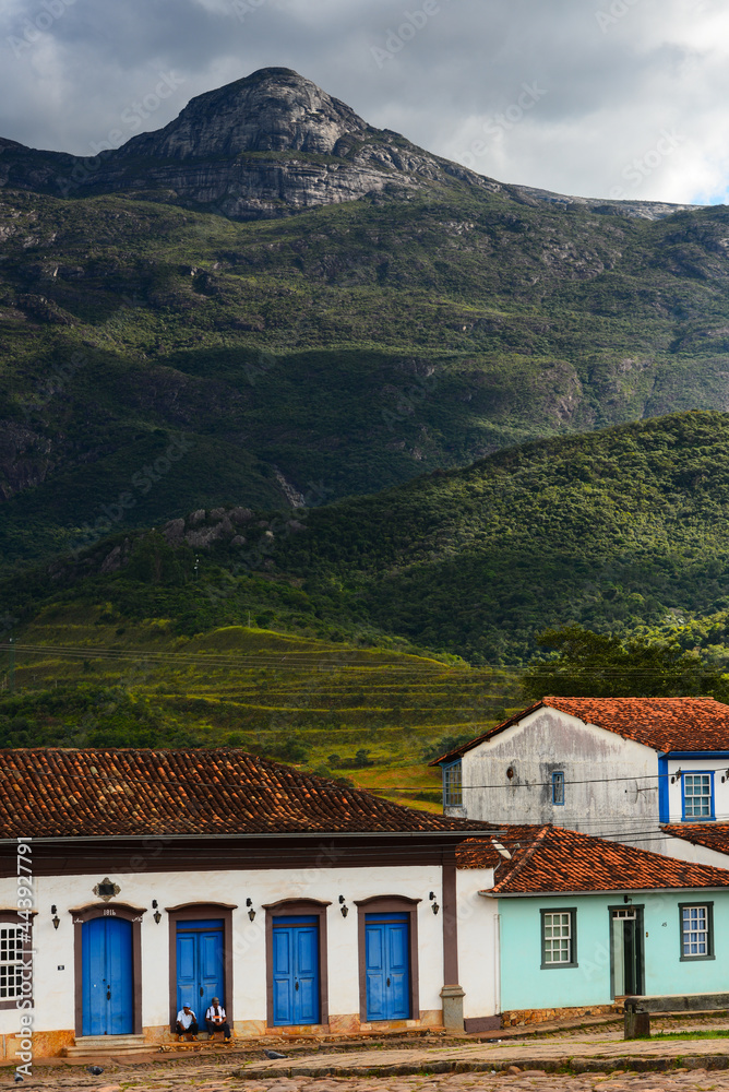 The main square of small Catas Altas colonial mining town surrounded by the mountains of the Serra do Caraça, Minas Gerais, Brazil