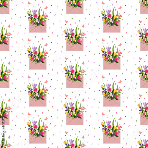Pattern with pink mail envelope and flowers. Illustration with a bouquet and butterflies. Vector illustration. For prints, fabrics and packaging, shops, leaflets, promotions, covers and brochures