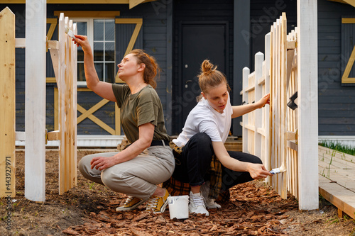 women paint the fence of a country house photo