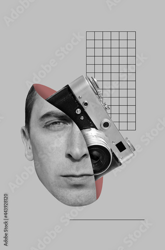 Film camera in head of man photo