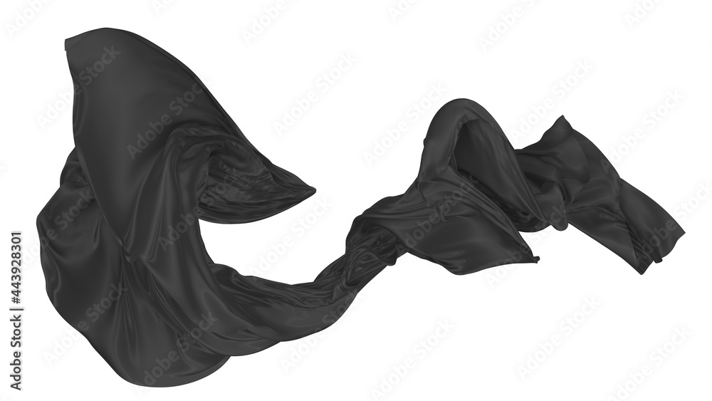 Beautiful flowing fabric of black wavy silk or satin. 3d rendering image. Beautiful flowing fabric of black wavy silk or satin. 3d rendering image.