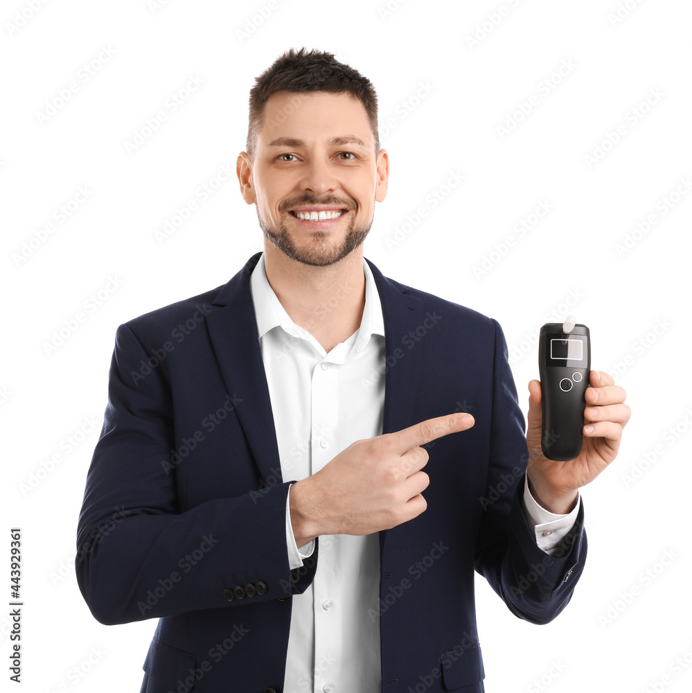 Man with modern breathalyzer on white background Man with modern breathalyzer on white background