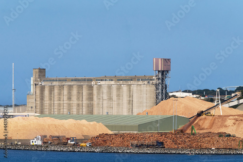Wheat silos and logging storage at port ready for export photo