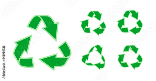 Flat green eco friendly green triangular recycling symbol with outline. Icons arrow of rotation, infographics element for website, app. Logo for using recycled resources. Isolated vector illustration
