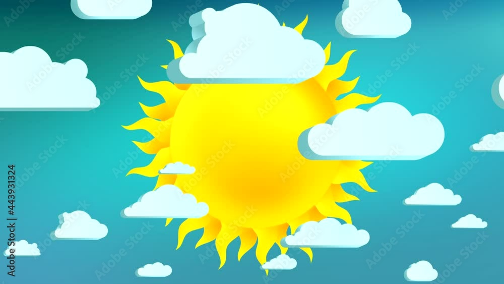 Cartoon moving clouds animation with sun 1 minute 30 fps loop. Blue sky. Good for any project, especially business style background. Perspective different sizes and speed. Cartoon moving clouds animation with sun 1 minute 30 fps loop. Blue sky. Good for any project, especially business style background. Perspective different sizes and speed.