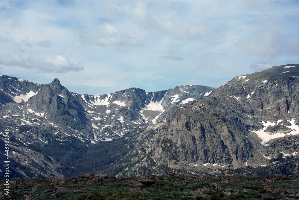 Snow capped mountains landscape shot.