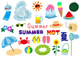 Icon set of objects and words related to summer