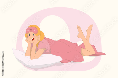 Young sleeping girl took off blindfold eye mask Good mood concept