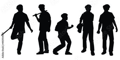 Set of Asian gangster boy with his weapon silhouette on white background