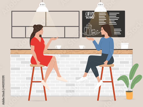 Ilustration of two women are sitting and talking in bar or cafe