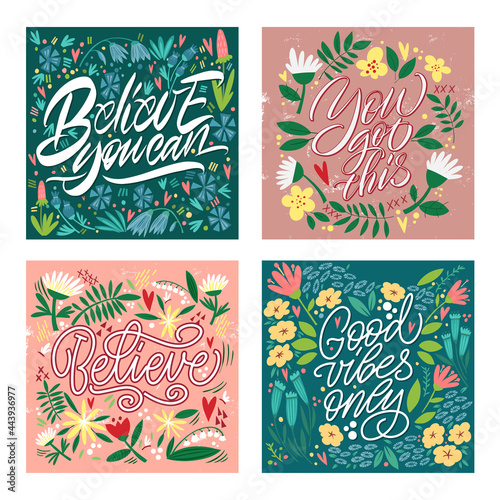 Wallpaper Mural Cards with motivating phrases, with a pattern of flowers and plants. Handwritten modern lettering. Great lettering for greeting cards, stickers, banners, prints and home interior decor. Torontodigital.ca