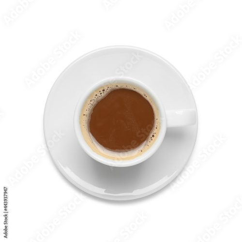 Cup of aromatic hot coffee on white background, top view