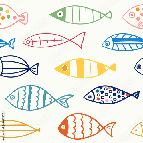 simple colourful fancy hand drawn ocean fishes seamless pattern, background, wallpaper, texture, banner, label, vector design