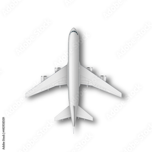 Realistic standing airplane, jet aircraft or airliner top view. Detailed passenger air plane on white Bg.