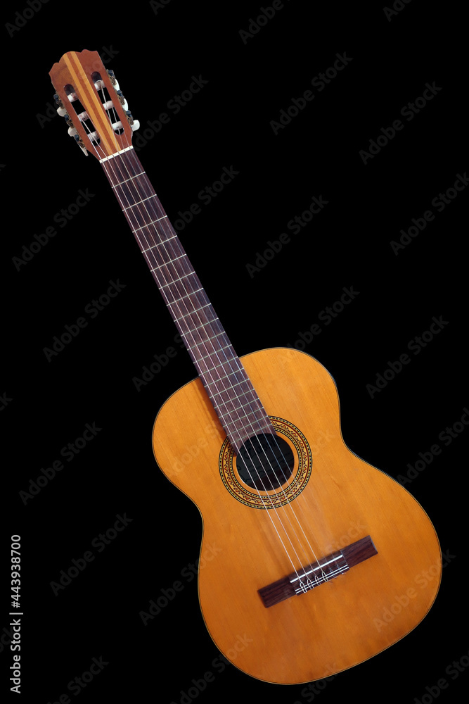 guitar, musical instrument, strings, object wooden, isolated on a black background.
