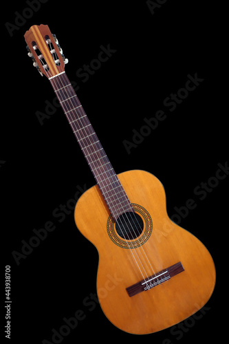 guitar, musical instrument, strings, object wooden, isolated on a black background.