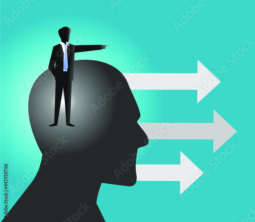 a picture of a businessman coming out of a transparent head and an arrow next to it