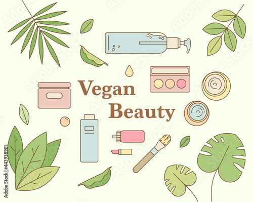 Vegan cosmetics placed among the scattered leaves. illustration banner. outline simple vector illustration.