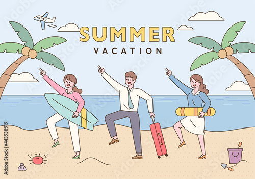 Business people making funny poses with surfboards, swimming tubes and suitcases. Beach background poster with palm trees. flat design style minimal vector illustration.
