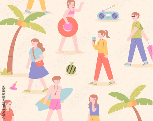 People walking on the sandy beach with palm trees. flat design style minimal vector illustration.
