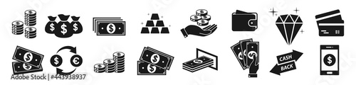 Set of money and payment icons. Finance, cash, wallet, wealth, currency, pay, business, commerce, exchange, salary, atm, and transfer symbol.