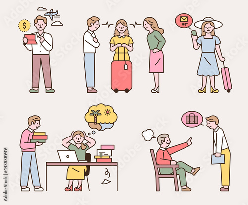 An office worker who can't go on vacation due to lack of money or the attention of co-workers, excessive work, or boss abuse. Business emails are also coming in from vacation destinations.