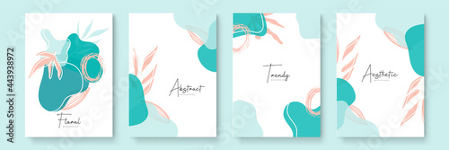 Set of abstract leaf floral boho creative universal artistic templates. Abstract trendy art card. Good for poster, card, invitation, flyer, cover, banner, placard, brochure and other graphic design