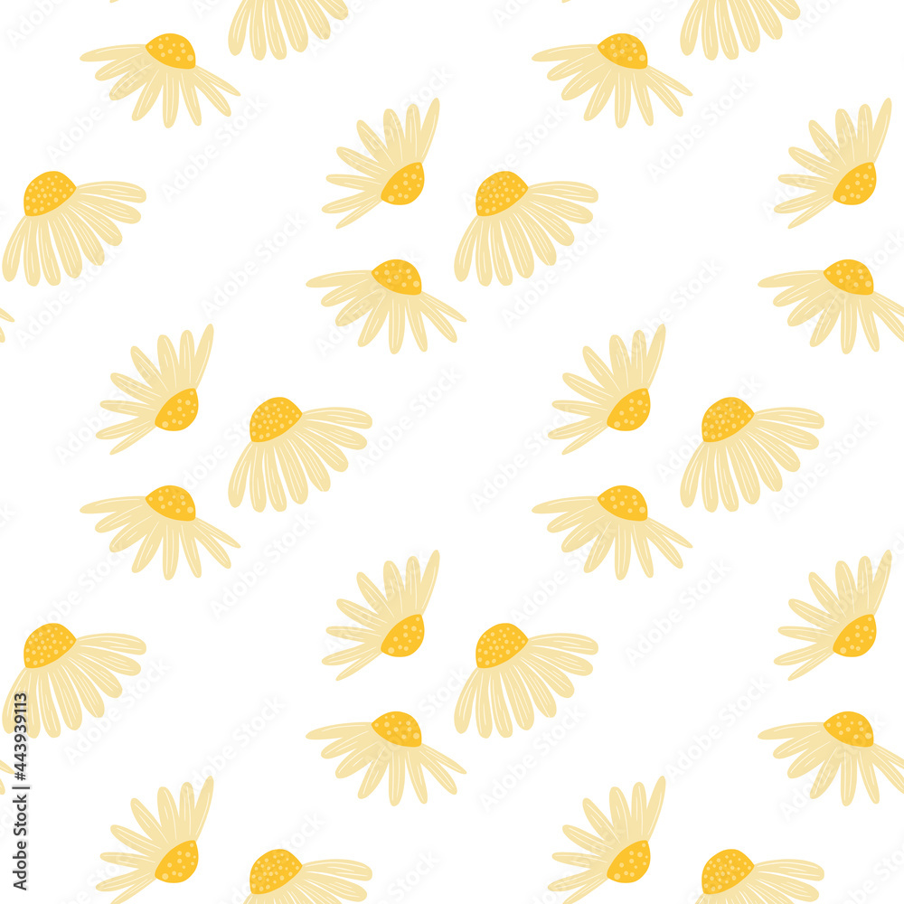 Isolated summer seamless botany pattern with decorative yellow chamomile flowers shapes. White background.