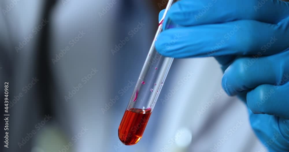 Close-up of scientist mixing together red liquid chemical and droplet of colorless liquid into test tube in research medical lab Close-up of scientist mixing together red liquid chemical and droplet of colorless liquid into test tube in research medical lab