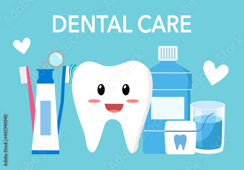 Tooth cartoon character with dental care set of toothbrush, toothpaste, mouthwash and dental floss in flat design.