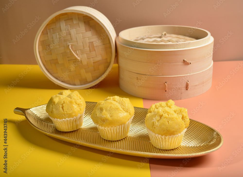 traditional local steam yellow cup cake huat kueh dessert with ...