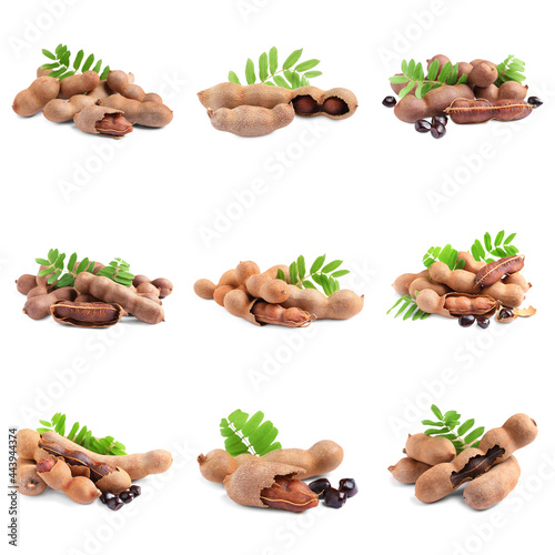 Set with delicious ripe tamarinds on white background. Exotic fruit