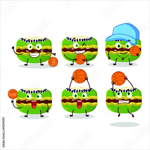 Talented kiwi macaron cartoon character as a basketball athlete. Vector illustration