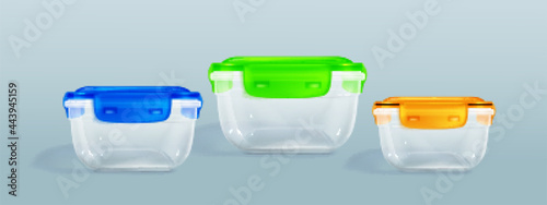 Plastic food containers with clipping path and latch lock lids. Storage for frozen products, closed lunchbox for meal, isolated packages front and angle view, Realistic 3d vector mock up, clip art