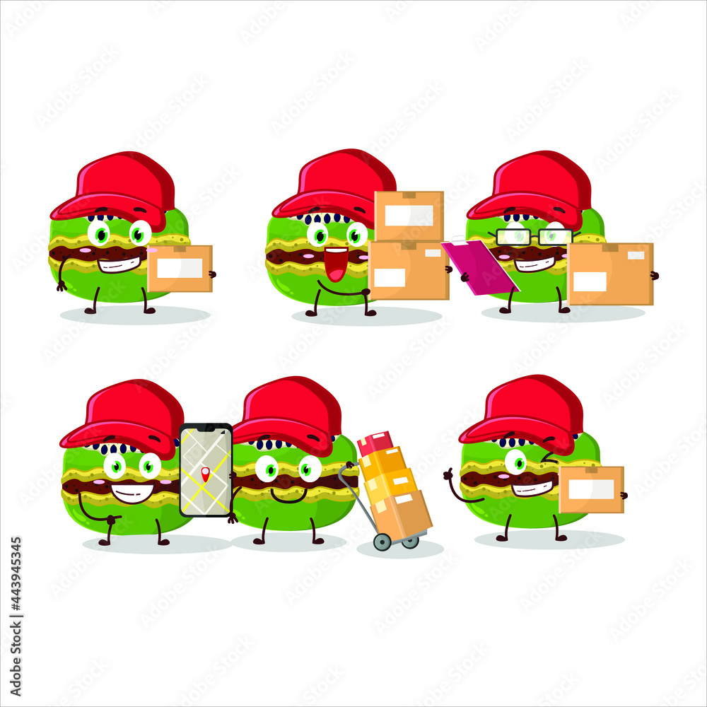 Cartoon character design of kiwi macaron working as a courier. Vector illustration Cartoon character design of kiwi macaron working as a courier. Vector illustration