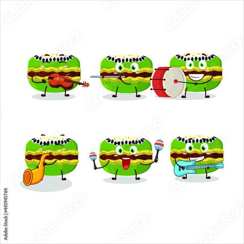 Cartoon character of kiwi macaron playing some musical instruments. Vector illustration