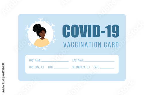 Vaccination card concept. Blank template with female photo. African woman receives Covid 19 vaccine injection. Check of safety from coronavirus. Vector illustration in flat cartoon style.