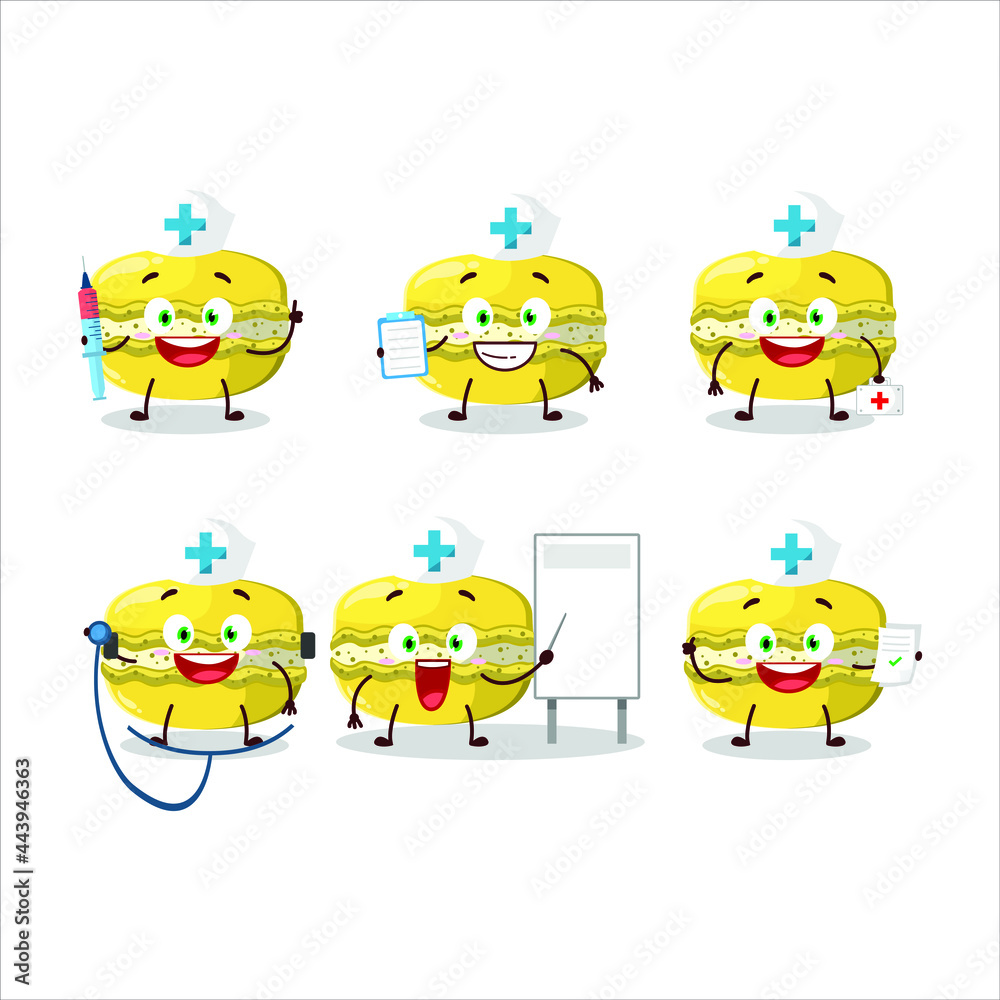 Doctor profession emoticon with mango macaron cartoon character. Vector illustration Doctor profession emoticon with mango macaron cartoon character. Vector illustration
