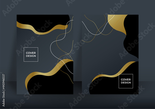 Abstract black and gold luxury background. Modern black cover design set. Luxury creative line pattern in premium colors: black, gold and white. Suit for notebook A4 cover, business poster, brochure