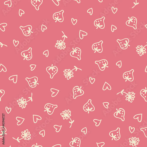 Doodle style strawberries, flowers and hearts romantic seamless pattern.  Perfect for scrapbooking, textile and prints. Hand drawn vector illustration for decor and design.
