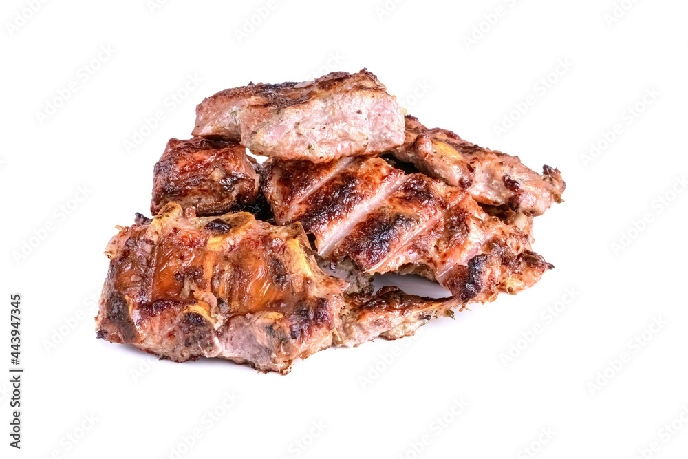 meat fried on coals, isolated on a white background.pork ribs. meat fried on coals, isolated on a white background.pork ribs.